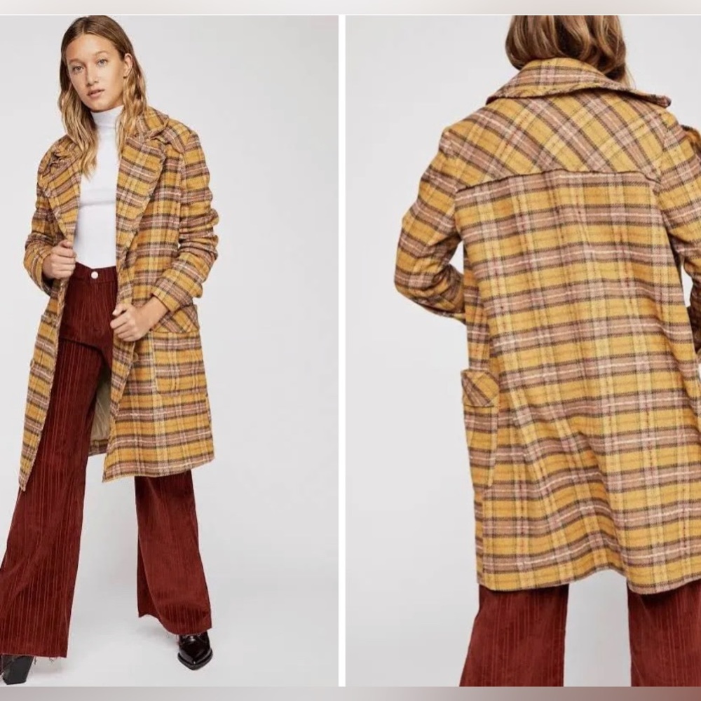 Free People Ciao B Check Coat Plaid Long Oversized Wool Blend gold brown